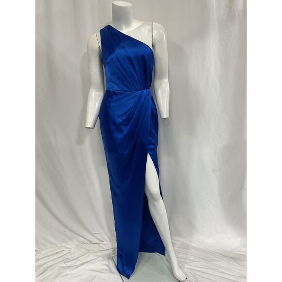 Sau Lee 'Preston' Blue One Shoulder Satin Dress Size 2 - Picture 2 of 5